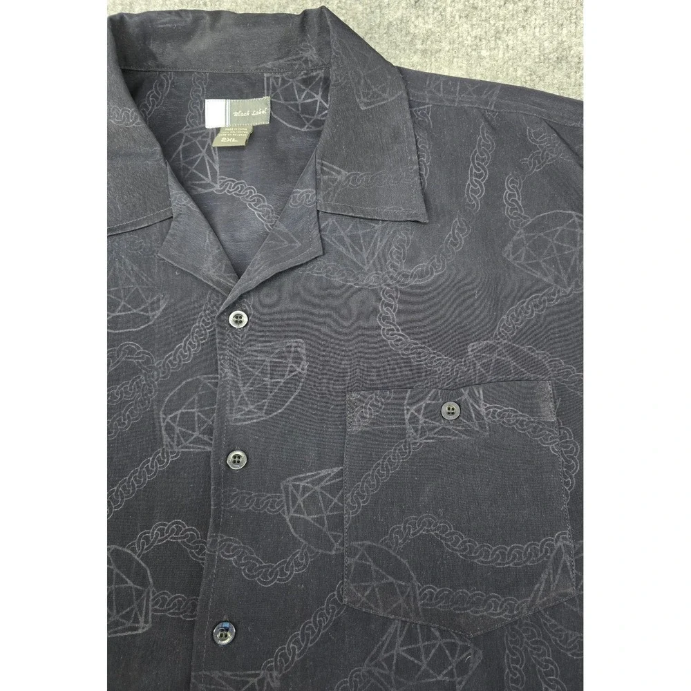 God Body Black Label Button Up Shirt Mens 2XL Navy Diamond Chain Print Short Slv